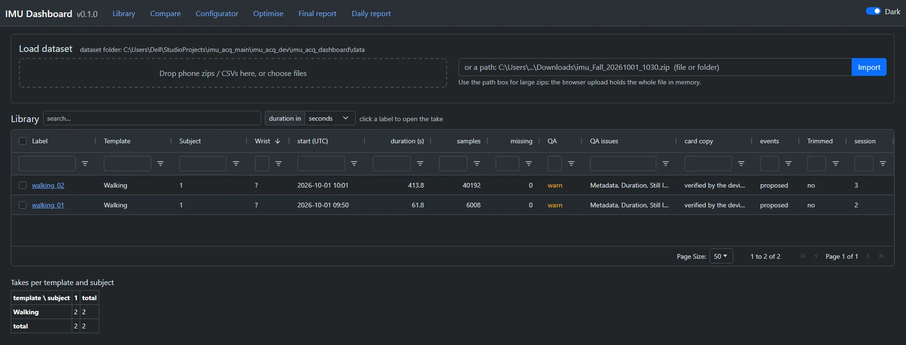 PC dashboard listing recorded sessions and subjects