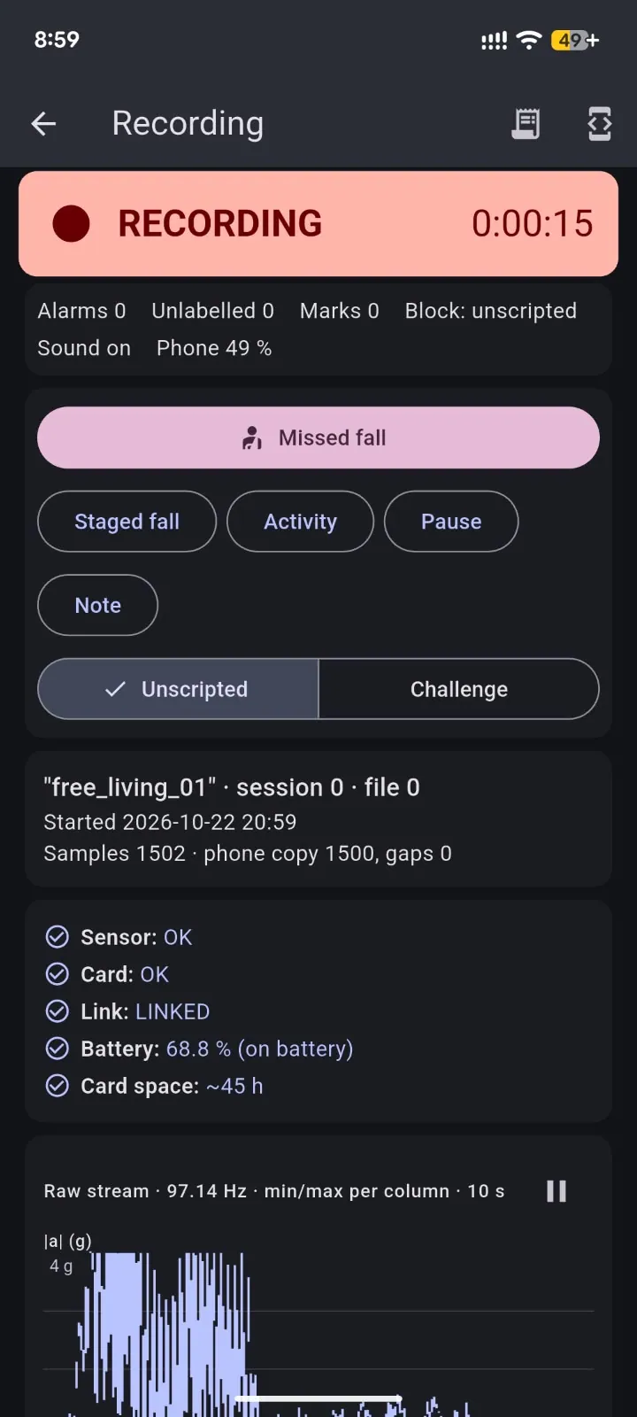 Mobile app recording multi-subject motion data over BLE