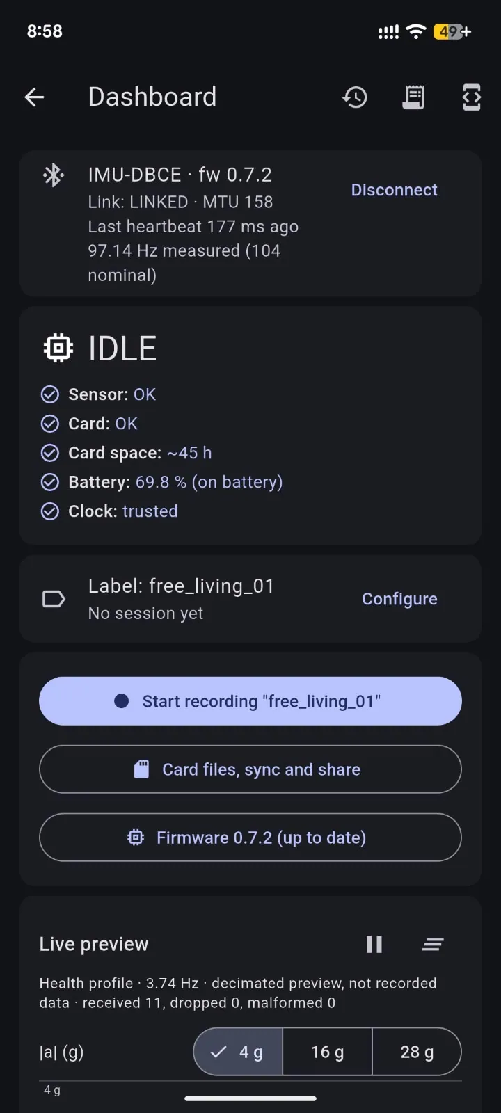 Mobile app dashboard showing the device state