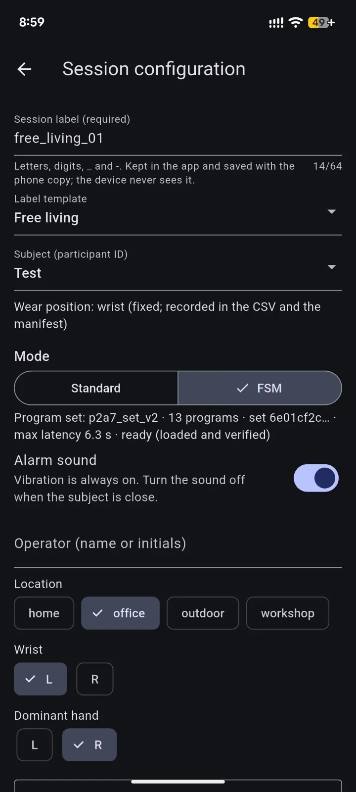 Mobile app session configuration screen