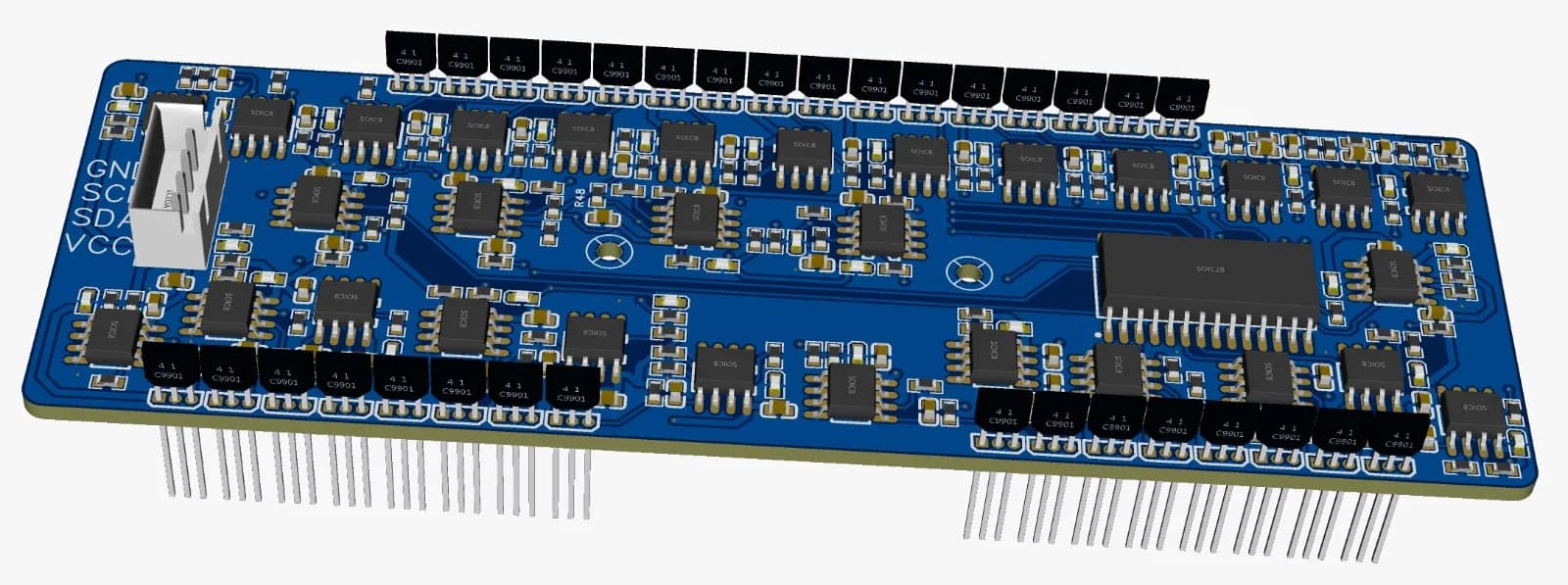 3D render of the Hall-effect sensor-array PCB for magnetic path tracking