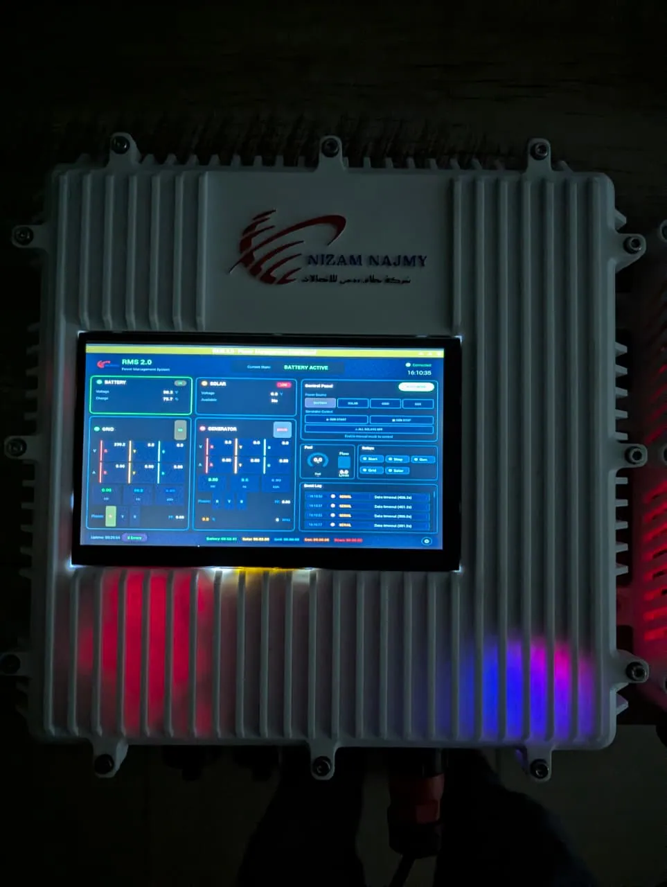 Outdoor telecom-site enclosure with a live touchscreen dashboard