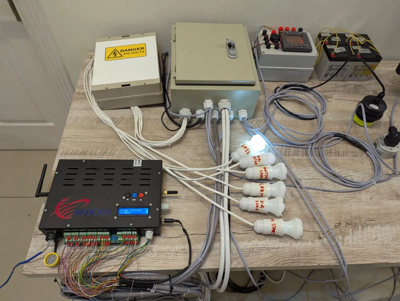 Controller wired to junction boxes and sensors on the test bench